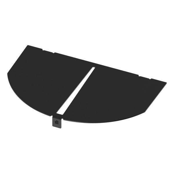 Ein schwarzes, halbkreisförmiges Objekts mit einem Schlitz in der Mitte und einem kleinen rechteckigen Anschluss am unteren Rand.