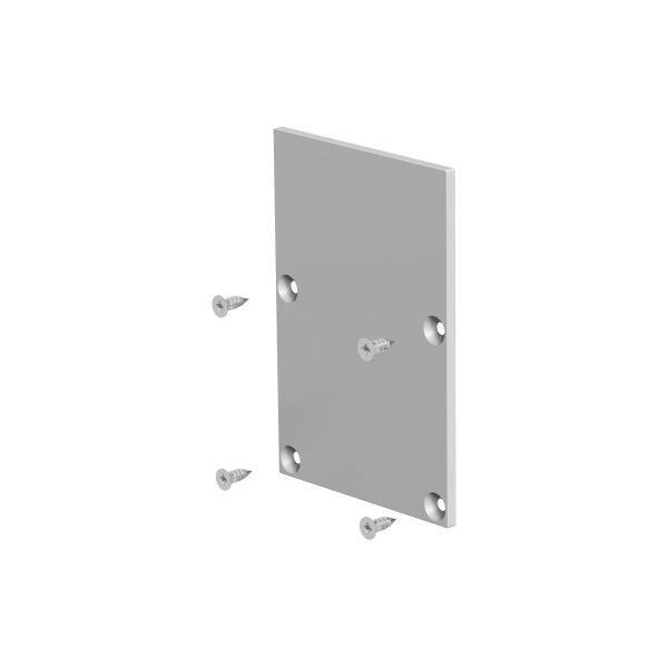 Rechteckige Metallplatte mit vier Schrauben, zur Wand- oder Bodenmontage geeignet.