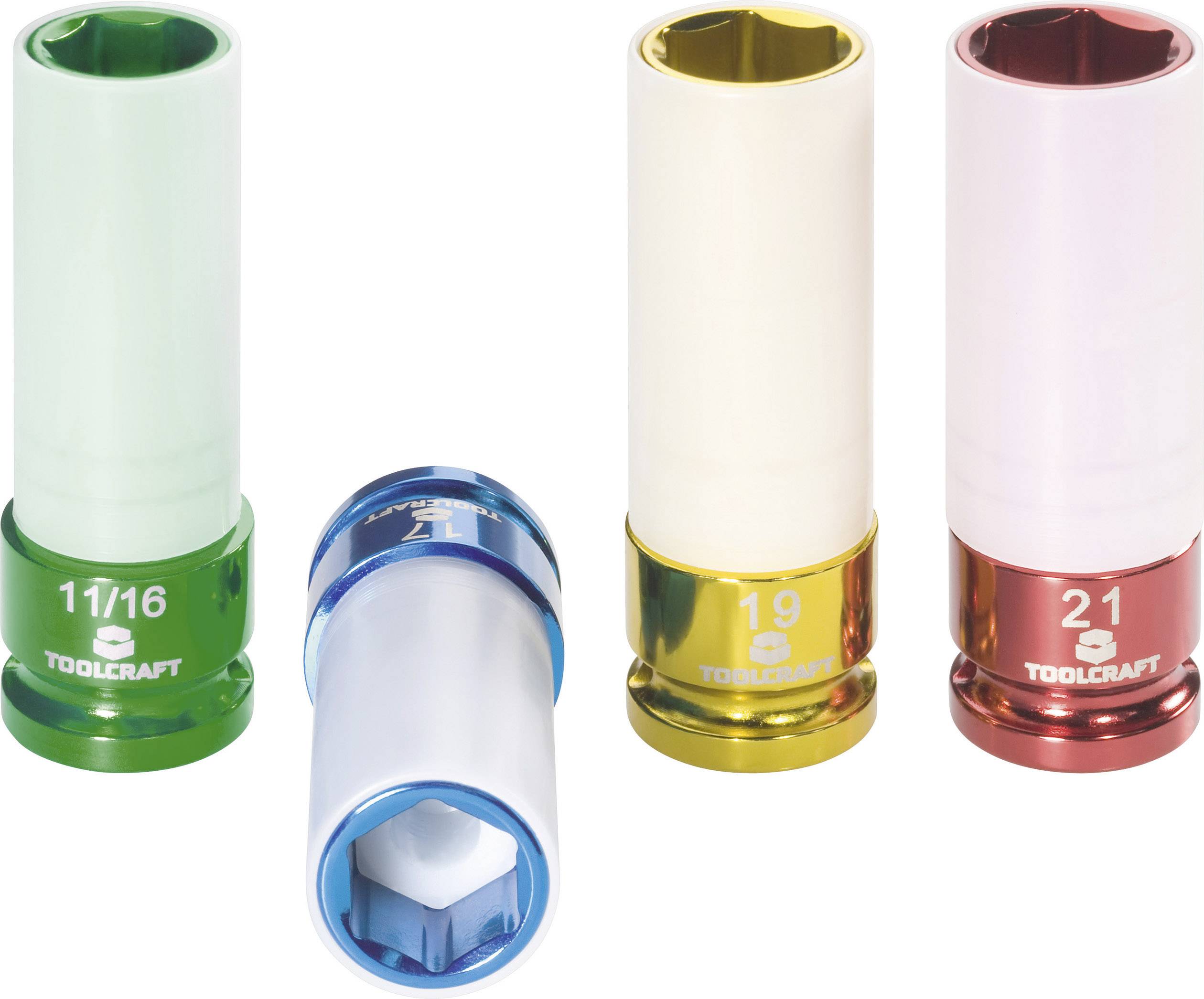 Vier farbige Steckschlüsseleinsätze: grün (11/16), blau (keine Größe sichtbar), gelb (19) und rot (21). Markiert mit 'TOOLCRAFT'.