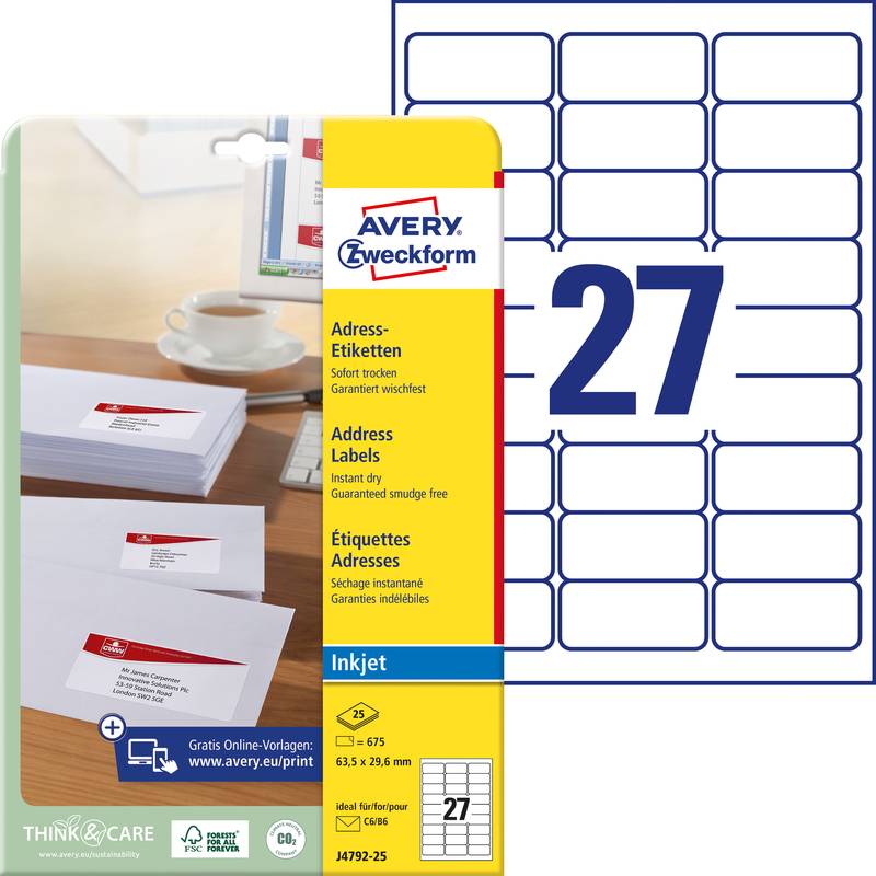 Avery Zweckform J4792 - Weiß - 29.6 x 63.5 mm 675 Etikett(en) (25 Bogen x 27)