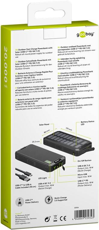 Goobay Solar Powerbank 20000 mAh LiPo Schwarz Statusanzeige, Outdoor