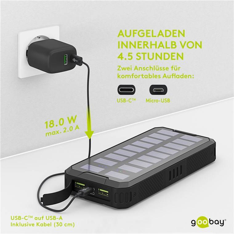 Goobay Solar Powerbank 20000 mAh LiPo Schwarz Statusanzeige, Outdoor