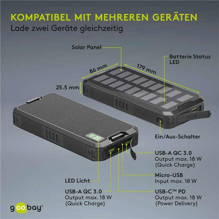 Goobay Solar Powerbank 20000 mAh LiPo Schwarz Statusanzeige, Outdoor