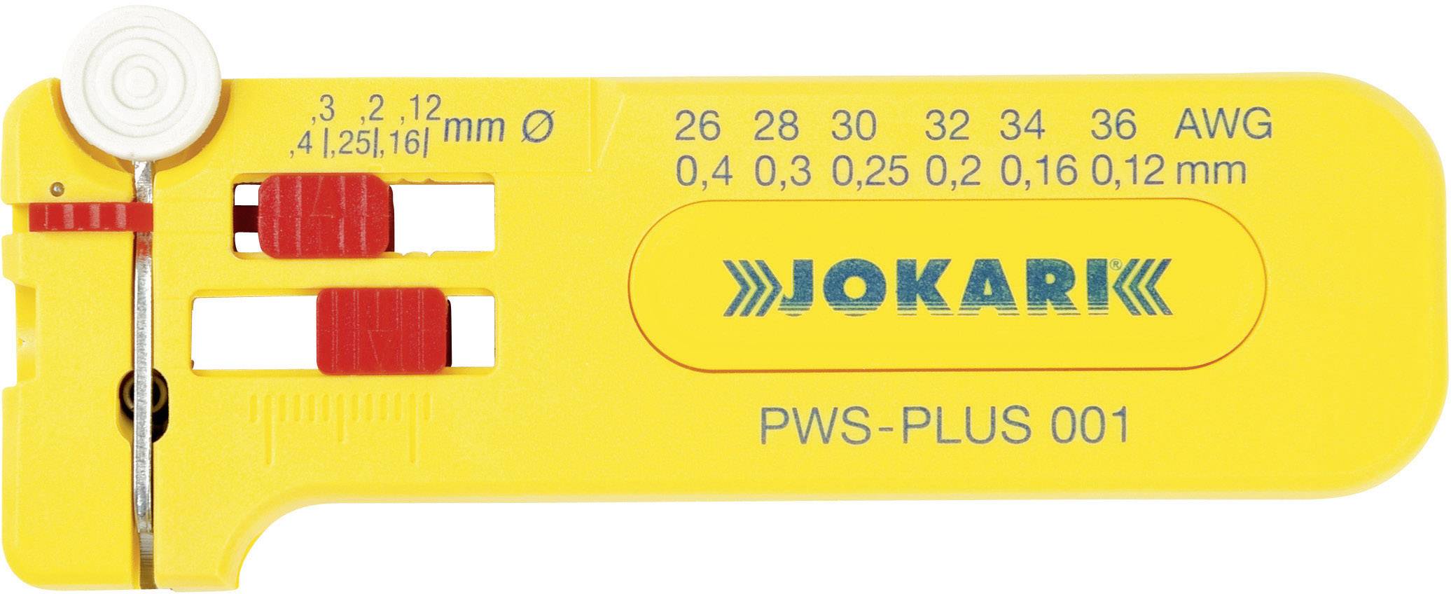 Gelbes Abisolierwerkzeug von Jokari, Modell PWS-PLUS 001, mit Skalen für AWG und Millimetergrößen.
