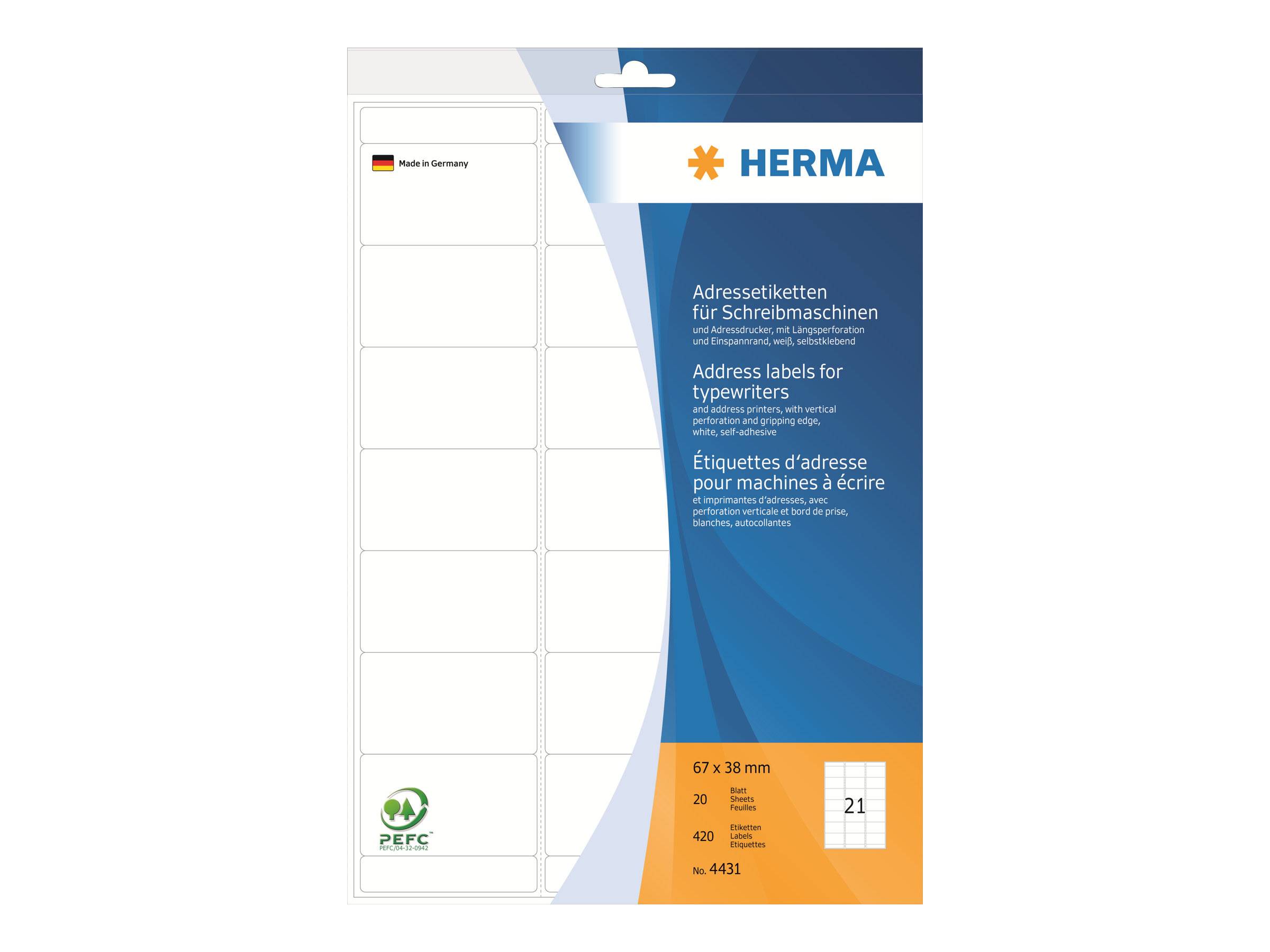 HERMA - Papier - permanenter Klebstoff - Mattes Weiß - 67 x 38 mm 420 Etikett(en) (20 Bogen x 21)