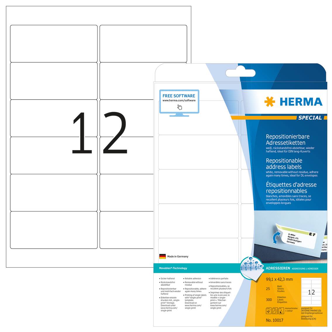 HERMA Special - Papier - matt - selbstklebend, neu positionierbar - weiß - 99.1 x 42.3 mm 300 Etikett(en) (25 Bogen x 12
