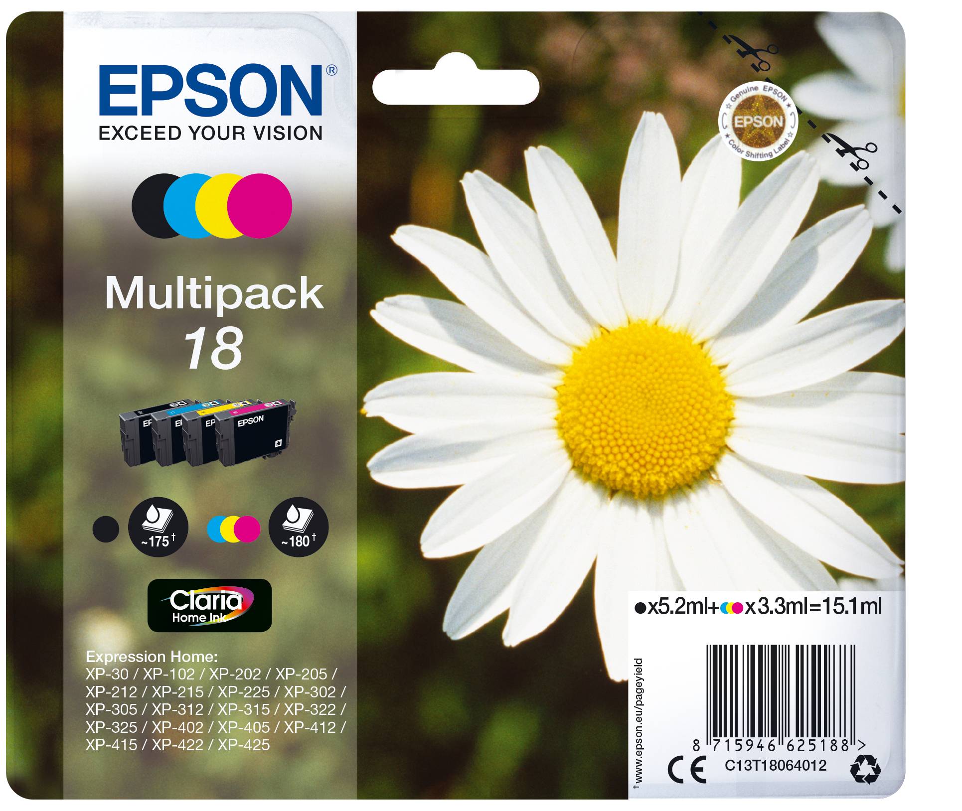 Epson Druckerpatrone T1806, 18 Original Kombi-Pack Schwarz, Cyan, Magenta, Gelb C13T18064012