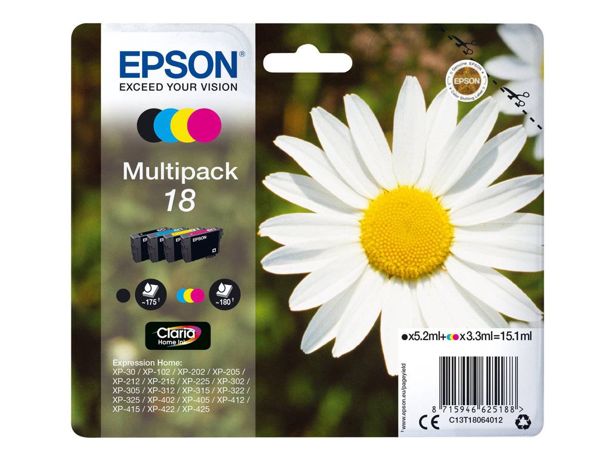 Epson Druckerpatrone T1806, 18 Original Kombi-Pack Schwarz, Cyan, Magenta, Gelb C13T18064012