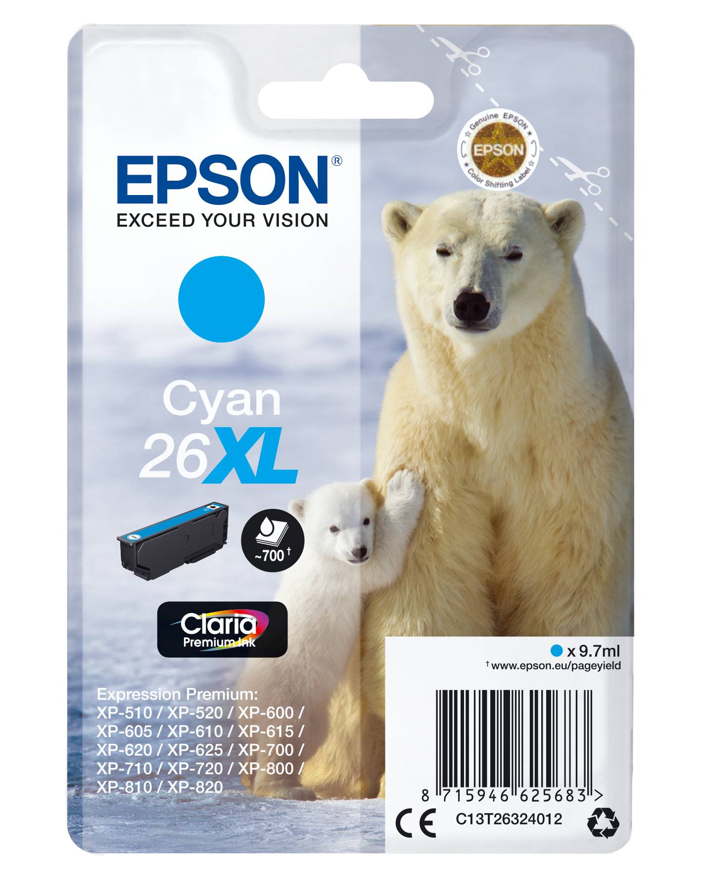Epson Druckerpatrone T2632, 26XL Original Cyan C13T26324012