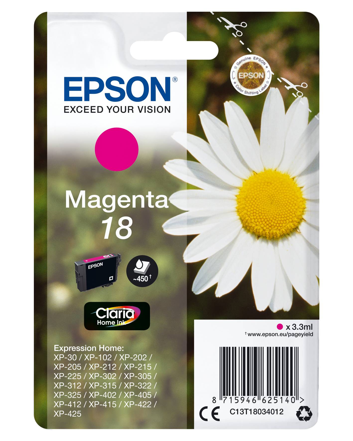 Epson Druckerpatrone T1803, 18 Original Magenta C13T18034012