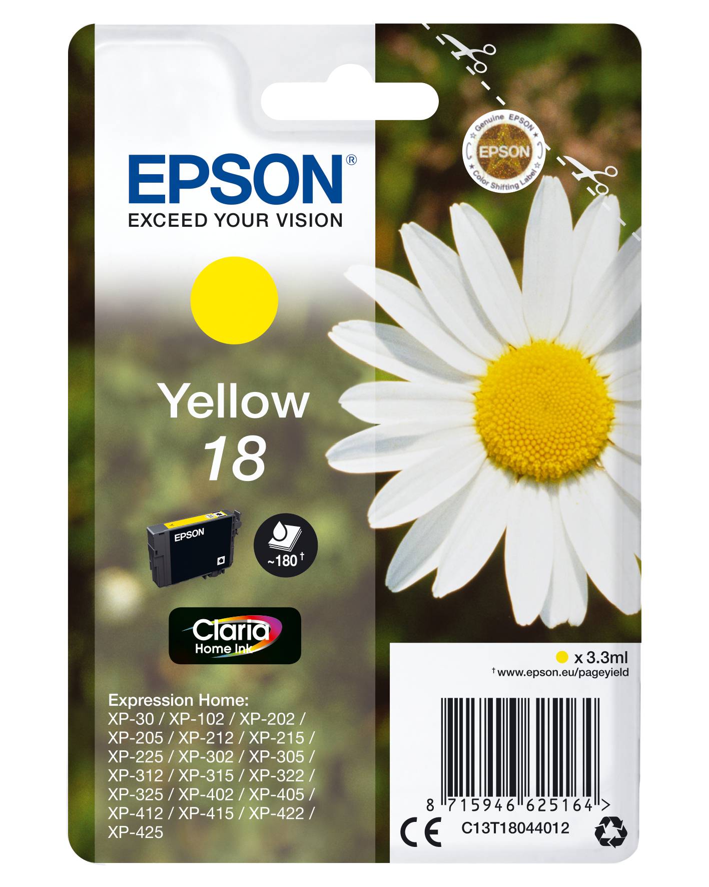 Epson Druckerpatrone T1804, 18 Original Gelb C13T18044012