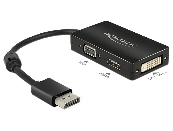 Delock 62656 DisplayPort / VGA / HDMI / DVI Adapter [1x DisplayPort Stecker - 1x VGA-Buchse, HDMI-Buchse, DVI-Buchse 24+1pol.] Schwarz mit
