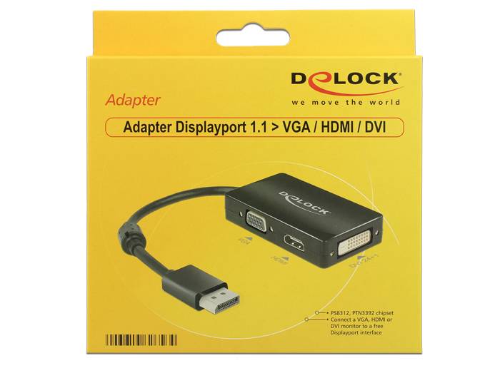 Delock 62656 DisplayPort / VGA / HDMI / DVI Adapter [1x DisplayPort Stecker - 1x VGA-Buchse, HDMI-Buchse, DVI-Buchse 24+1pol.] Schwarz mit