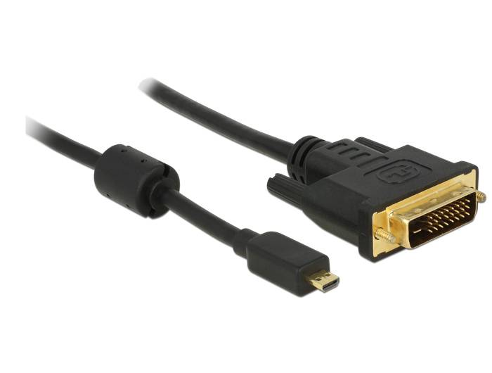 Delock HDMI / DVI Adapterkabel HDMI-Micro-D Stecker, DVI-D 24+1pol. Stecker 2.00 m Schwarz 83586 mit Ferritkern, schraubbar, vergoldete
