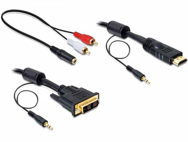 Delock DVI / HDMI / Klinke Adapterkabel DVI-D 18+1pol. Stecker, HDMI-A Stecker 2.00 m Schwarz 84455 mit Ferritkern, vergoldete Steckkontakte