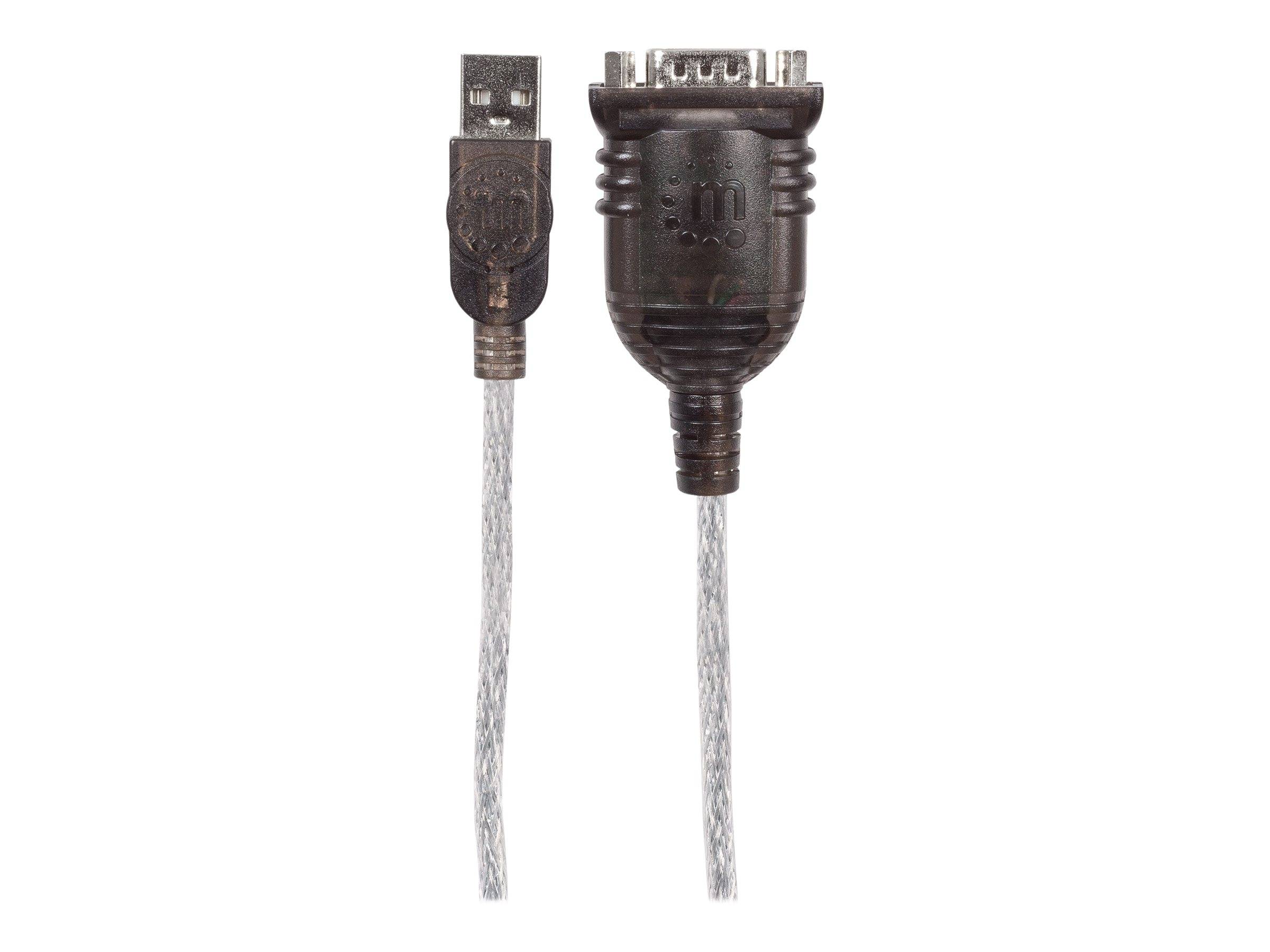 Manhattan USB-A to Serial Converter cable, 1.8m, Male to Male, Serial/RS232/COM/DB9, Prolific PL-2303RA Chip, Black/Silv