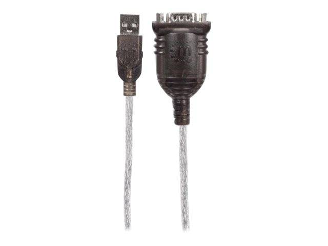 Manhattan USB-A to Serial Converter cable, 1.8m, Male to Male, Serial/RS232/COM/DB9, Prolific PL-2303RA Chip, Black/Silv