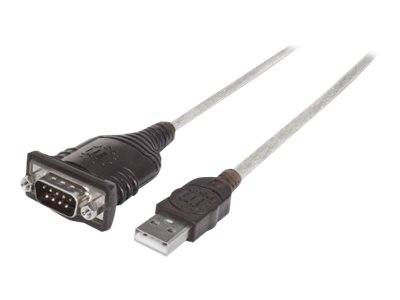 Manhattan USB-A to Serial Converter cable, 1.8m, Male to Male, Serial/RS232/COM/DB9, Prolific PL-2303RA Chip, Black/Silv
