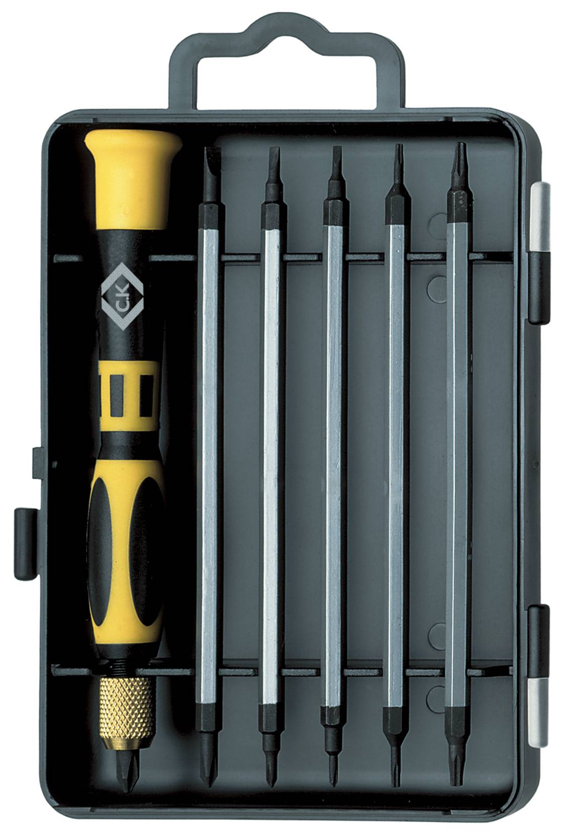 Ein Set Präzisions-Schraubendreher in einer offenen schwarzen Box. Enthält einen gelben Griff und fünf auswechselbare Bits.
