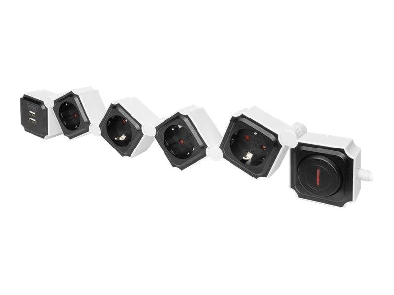 DIGITUS - Flexible 4-fach Steckdosenleiste mit 2 USB-Anschlüssen & Schalter