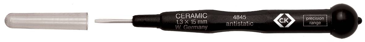 Keramischer Schraubendreher mit schwarzem Griff und weißer Spitze, neben einer transparenten Schutzhülle. Markierung 'CERAMIC' und Herstellerlogo sichtbar.