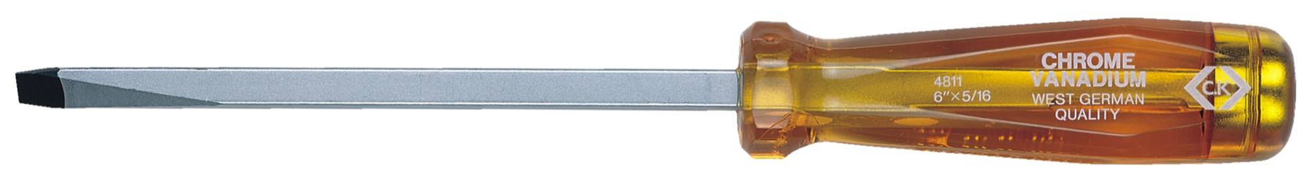 Schraubendreher mit flacher Spitze und transparenter brauner Griff. Auf dem Griff steht 'Chrome Vanadium' und weitere Spezifikationen.