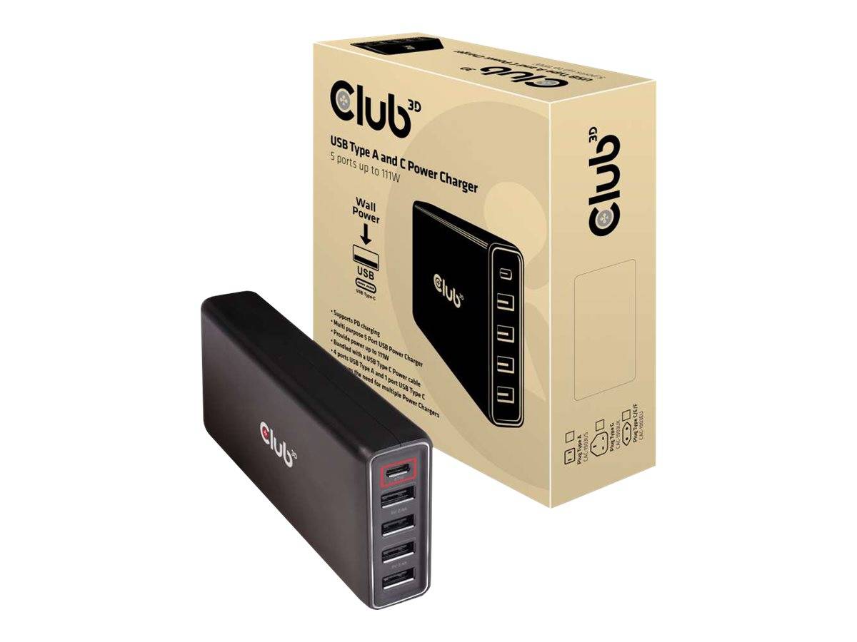 Club3D USB Ladestation 111W 4x USB-C®, 1x USB-A USB PD Schwarz Innenbereich