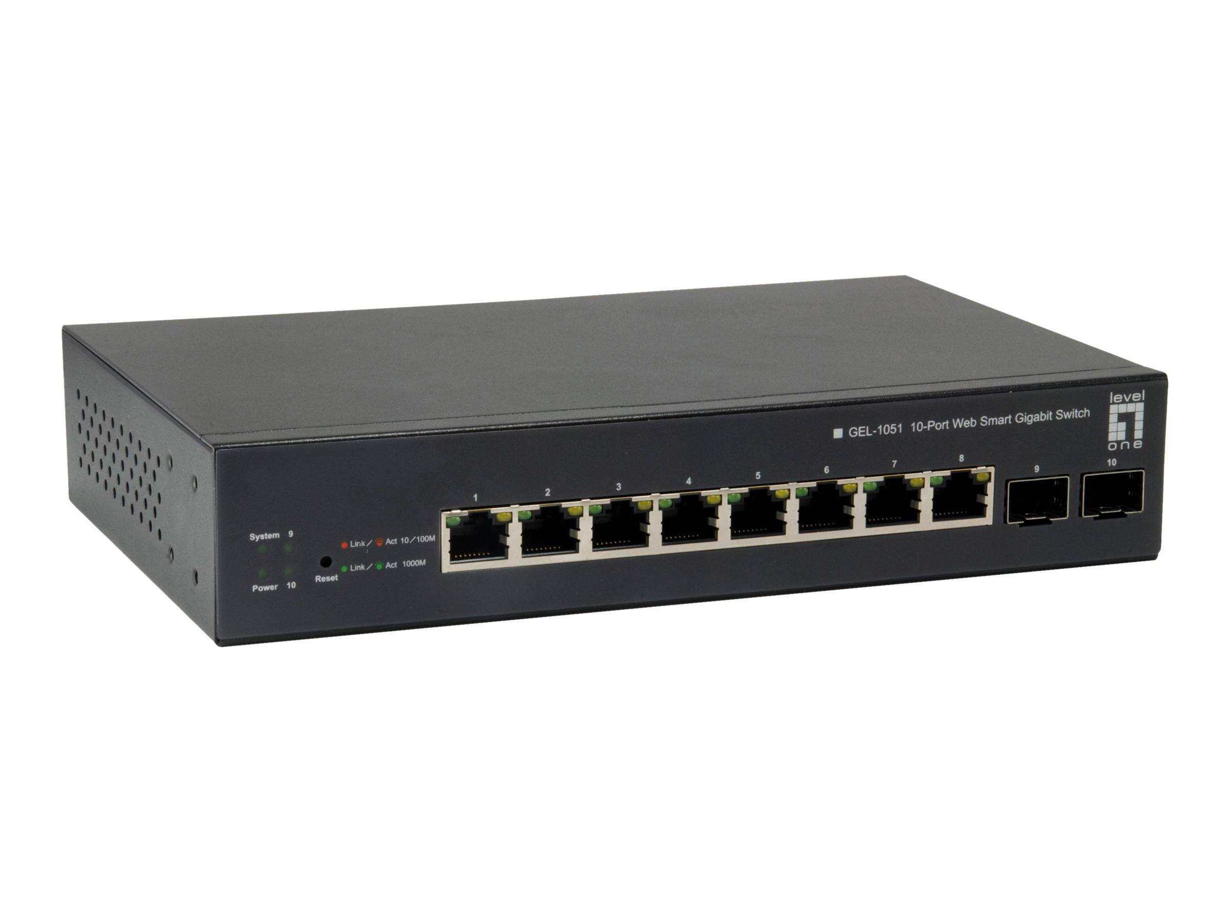 LevelOne GEP-1051 - Switch - Smart - 8 x 10/100/1000 (PoE+) + 2 x Gigabit SFP - Desktop, an Rack montierbar - PoE+ (70 W