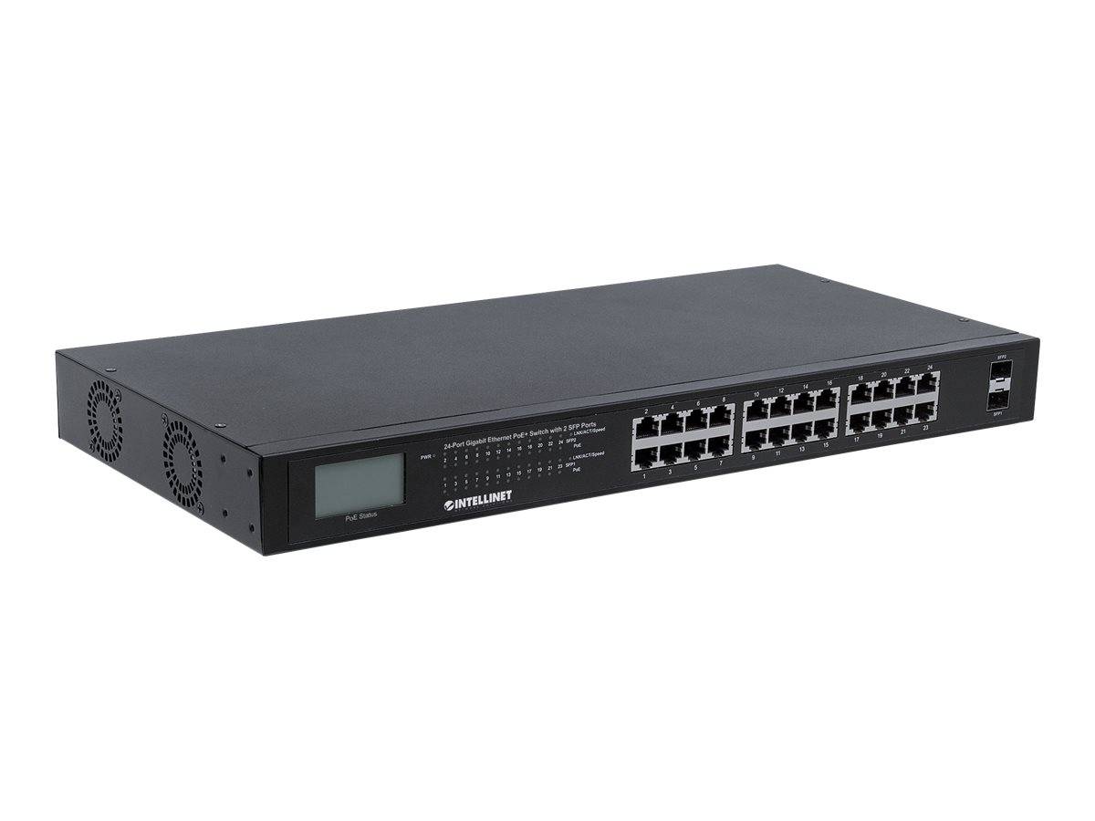 Intellinet 24-Port Gigabit Ethernet PoE+ Switch with 2 SFP Ports, LCD Display, IEEE 802.3at/af Power over Ethernet (PoE+