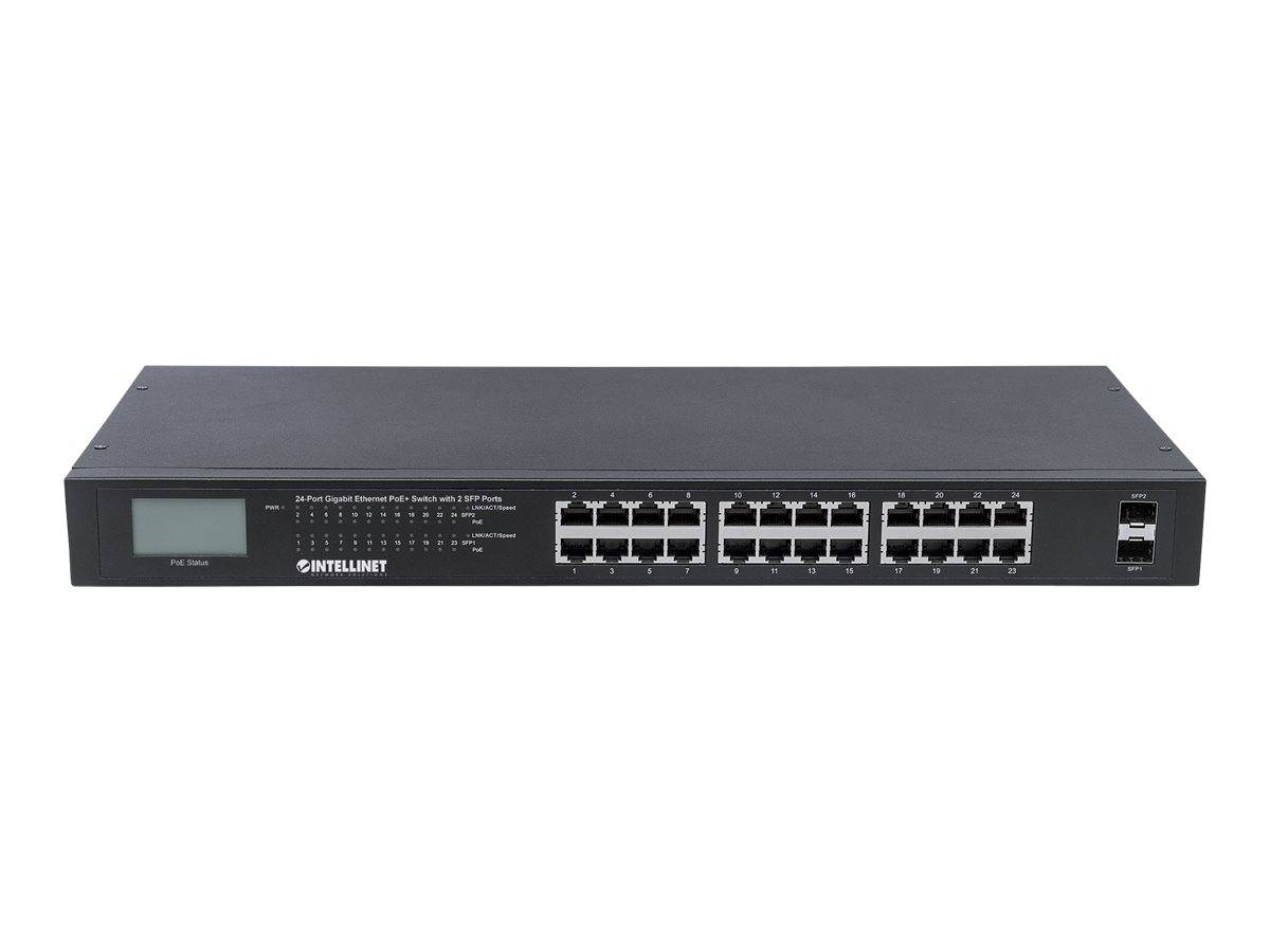 Intellinet 24-Port Gigabit Ethernet PoE+ Switch with 2 SFP Ports, LCD Display, IEEE 802.3at/af Power over Ethernet (PoE+