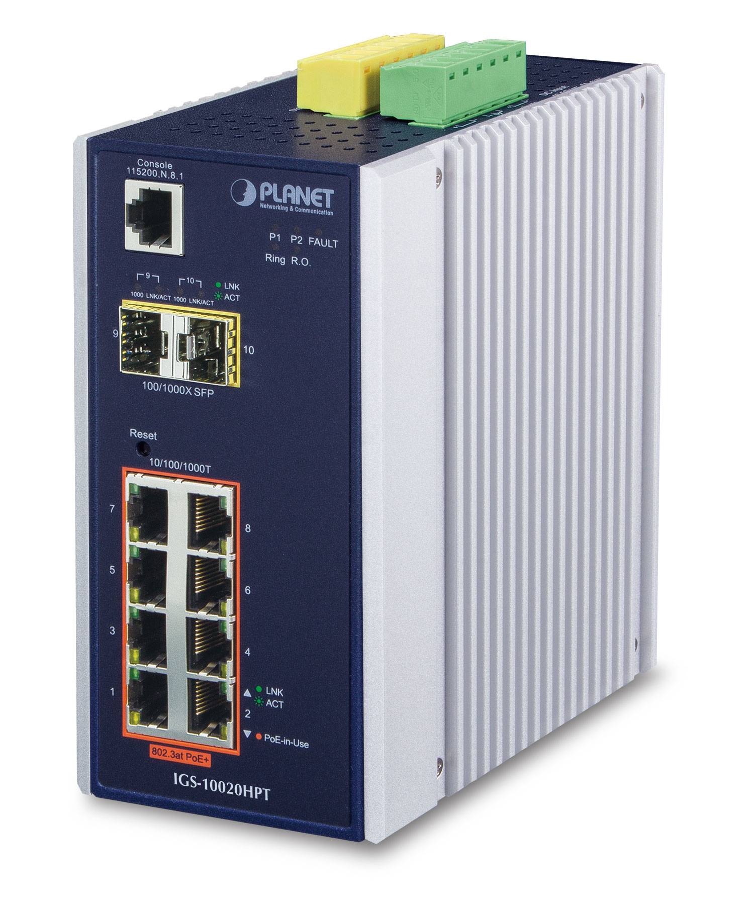 Planet Industrial Gigabit Switch IGS-10020HPT, 8 Port PoE, 2 Port SFP