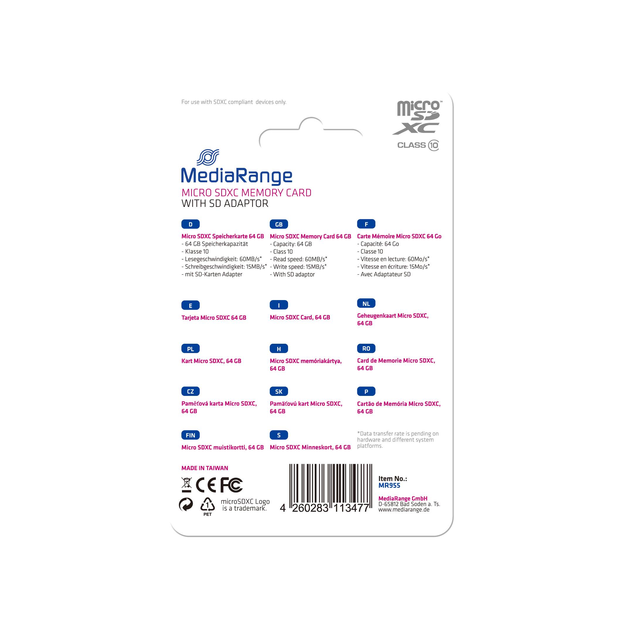 MediaRange - Flash-Speicherkarte (microSDXC-an-SD-Adapter inbegriffen)
