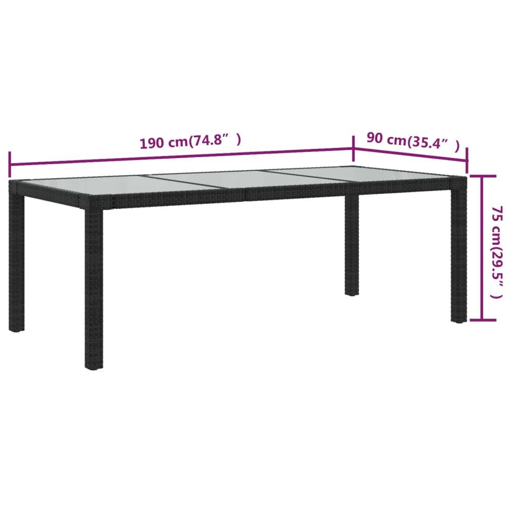 vidaXL Gartentisch Schwarz 190x90x75 cm Gehärtetes Glas Poly Rattan