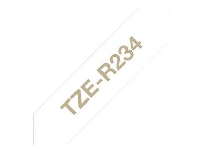 Schriftband Textil unlaminiert Brother TZe TZe-R234 Bandfarbe: Weiß Schriftfarbe:Gold 12 mm 4 m