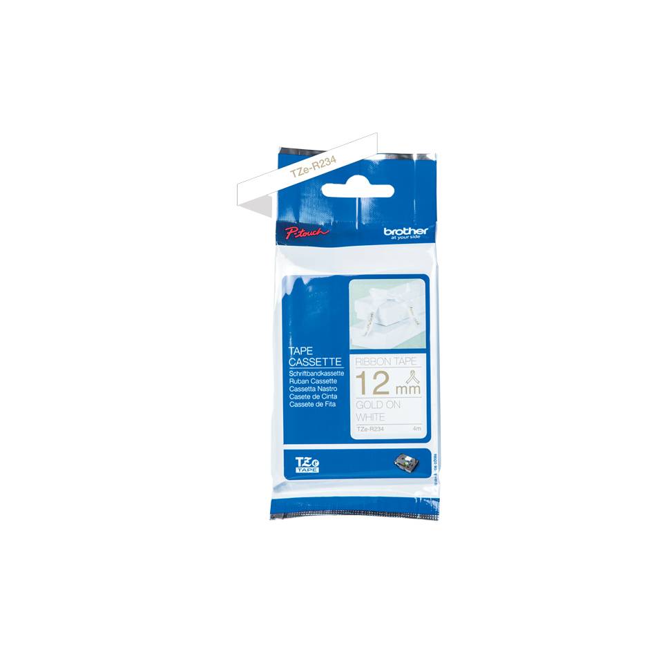 Schriftband Textil unlaminiert Brother TZe TZe-R234 Bandfarbe: Weiß Schriftfarbe:Gold 12 mm 4 m