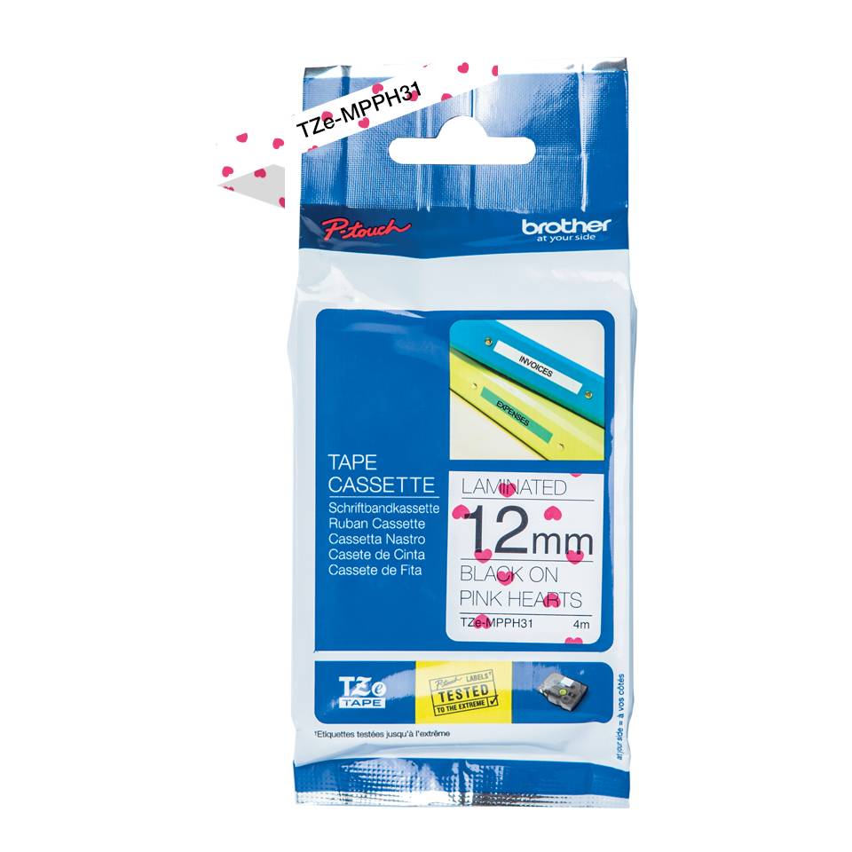 Schriftband mit Muster Brother TZe TZe-MPPH31 Bandfarbe: Weiß (mit rosa Herzen) Schriftfarbe:Schwarz 12 mm 4 m