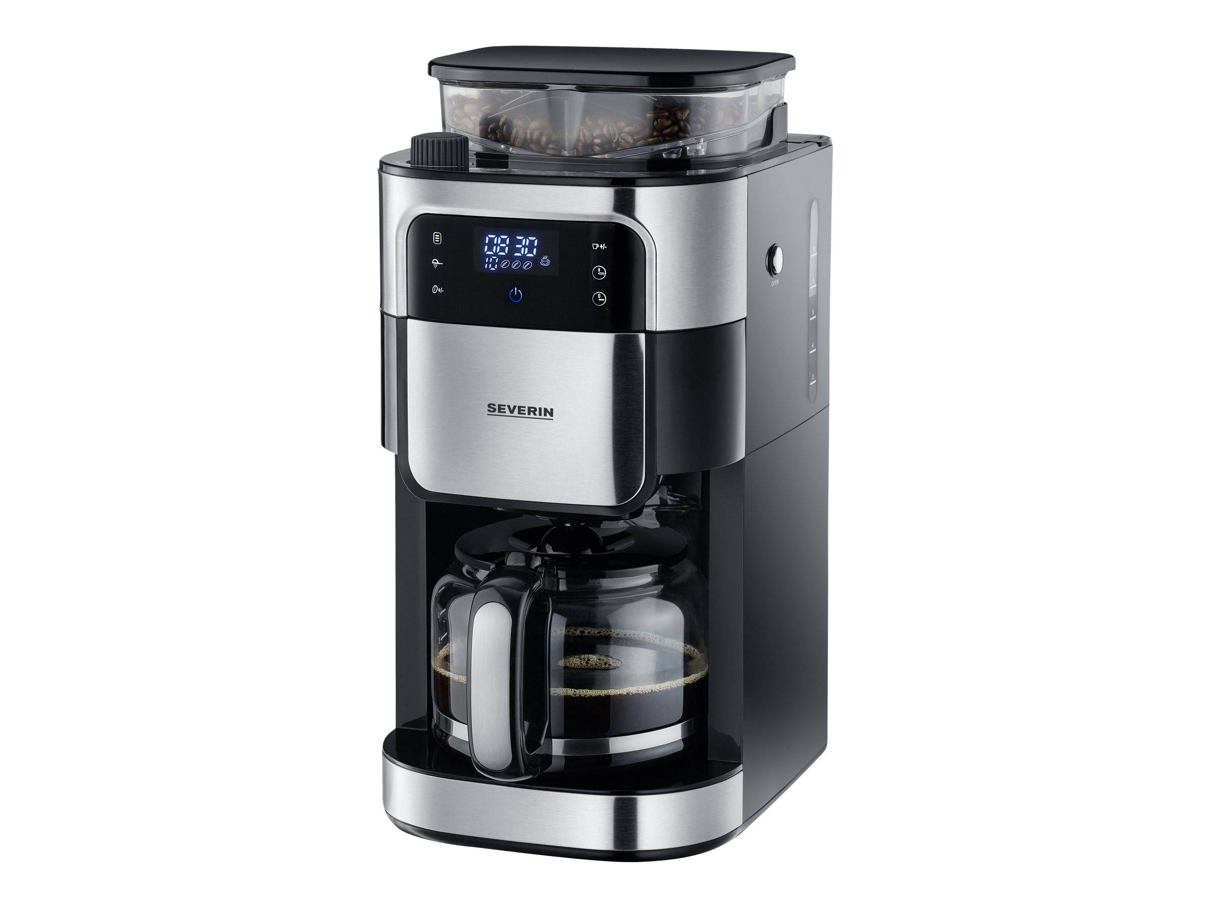 Severin KA 4813 Kaffeemaschine Schwarz, Edelstahl (gebürstet) Fassungsvermögen Tassen=10 Display, Glaskanne, mit Mahlwerk, Timerfunktion, Warmhalte