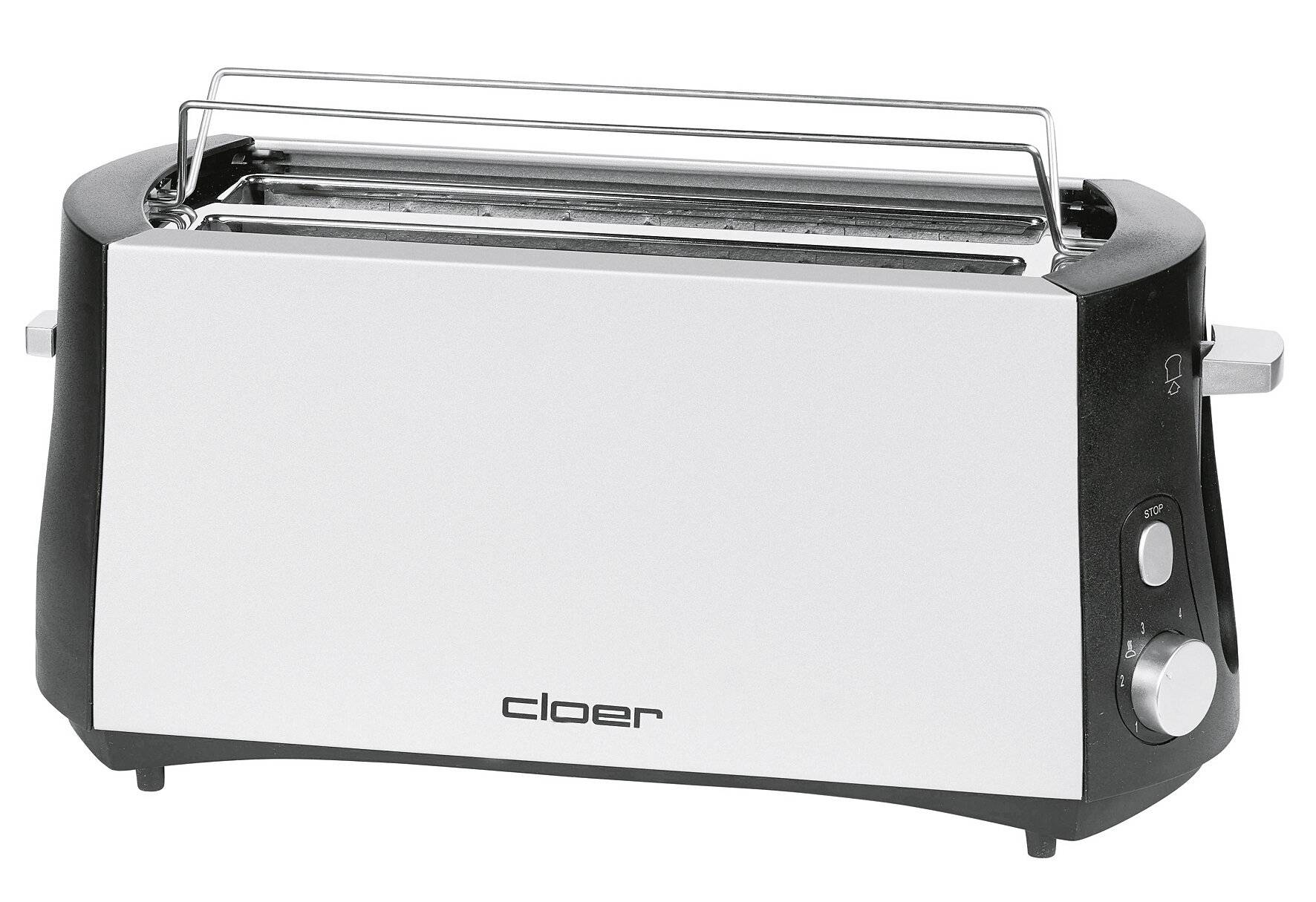 Cloer Toaster 3710 Doppel-Langschlitztoaster mit eingebautem Brötchenaufsatz Schwarz, Silber
