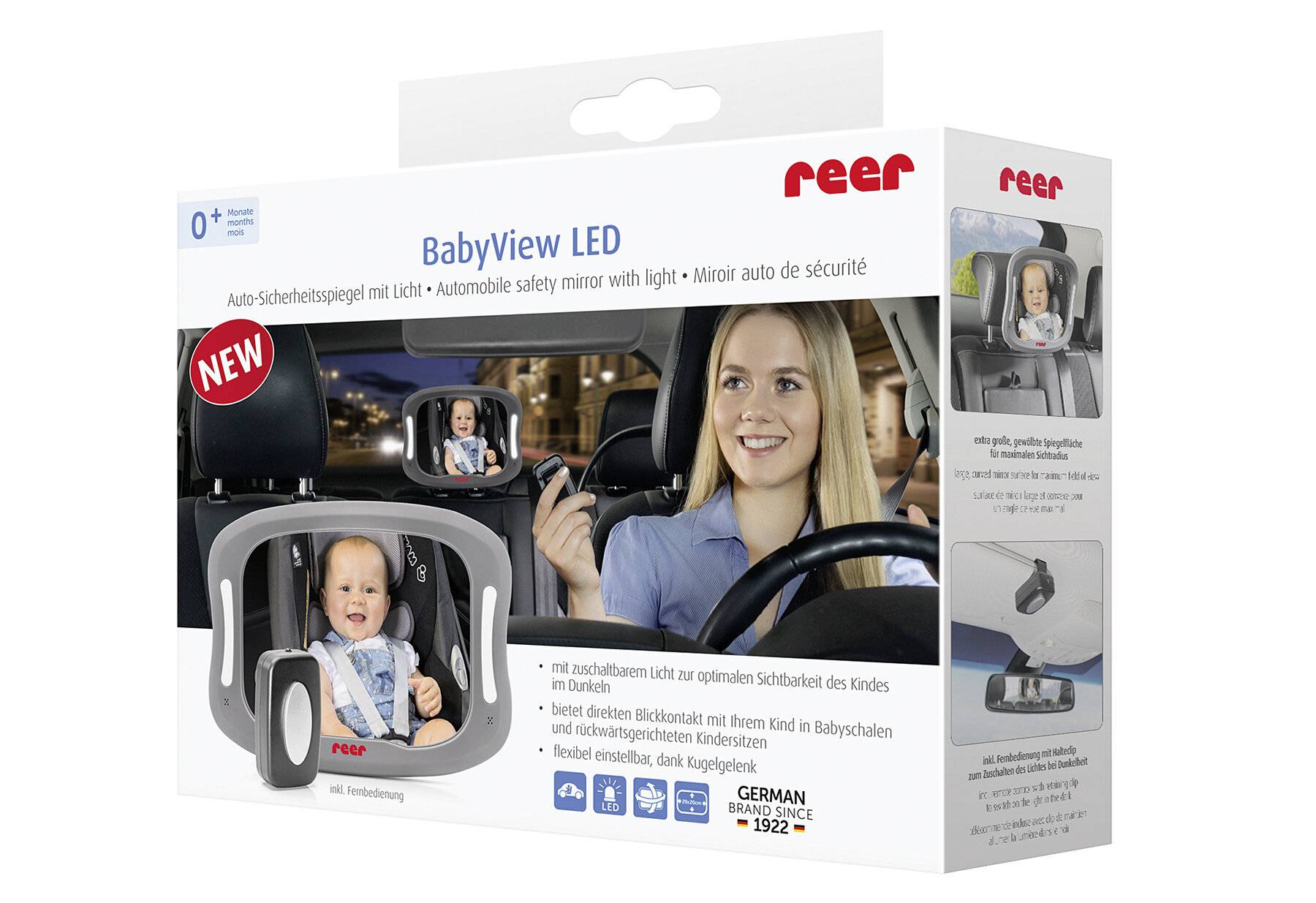 reer 86101 BabyView LED Auto-Sicherheitsspiegel - Ihr Baby auf dem Rücksitz immer im Blick,