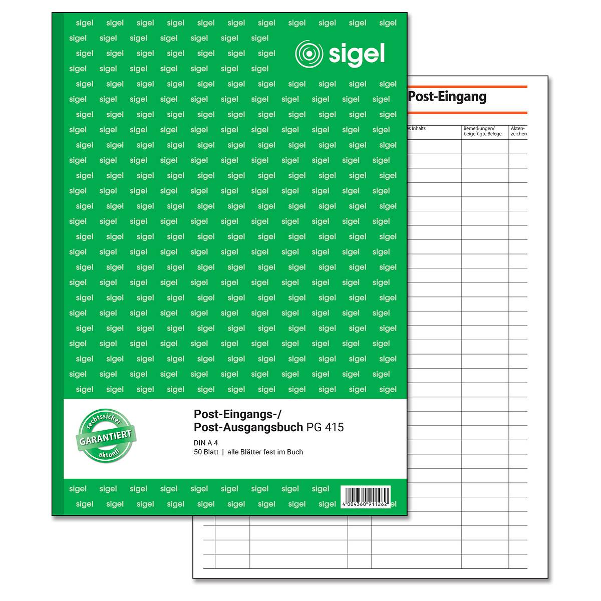 SIGEL Post-Eingangs-/Ausgangsbuch, beidseitig bedruckt, alle Blätter fest im Buch, A4, 50 Blatt