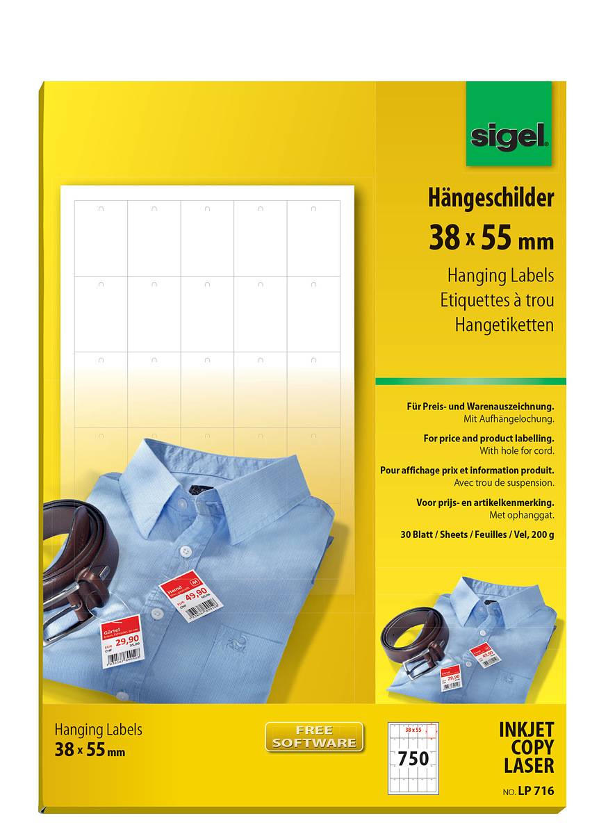 SIGEL Hängeschilder für Preis- und Warenauszeichnung, 38 x 55 mm, weiß, 750 Stück