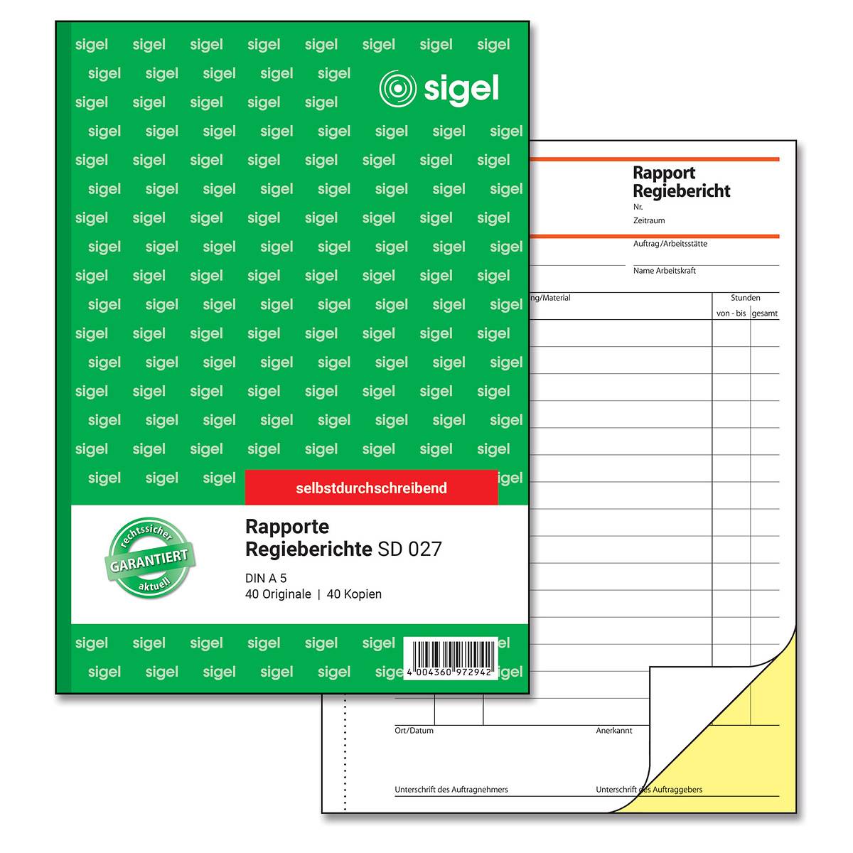 SIGEL Rapporte/Regieberichte, 1. und 2. Blatt bedruckt, A5, selbstdurchschreibend, 2 x 40 Blatt