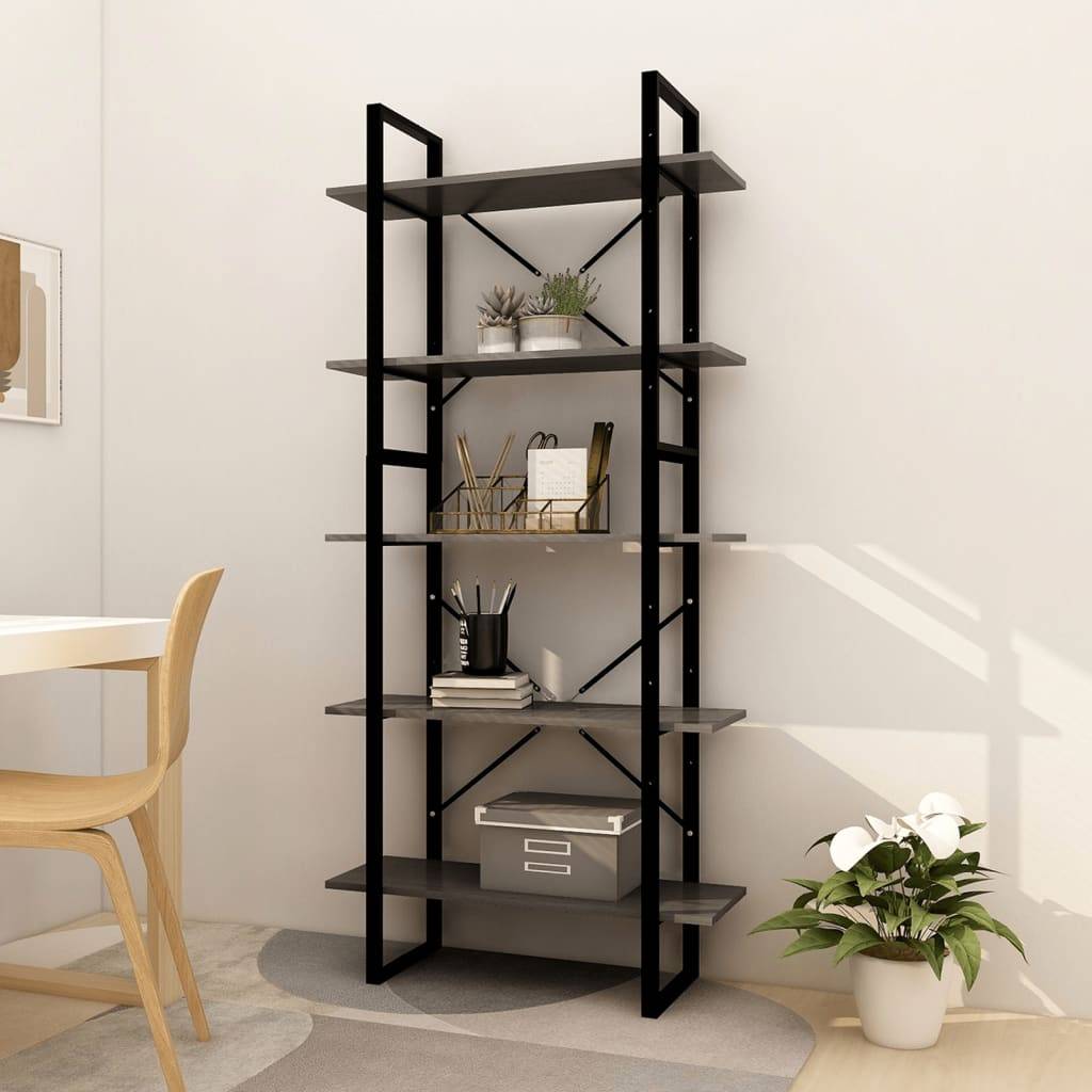 vidaXL Bücherregal 5 Fächer Grau 80x30x175 cm Massivholz Kiefer