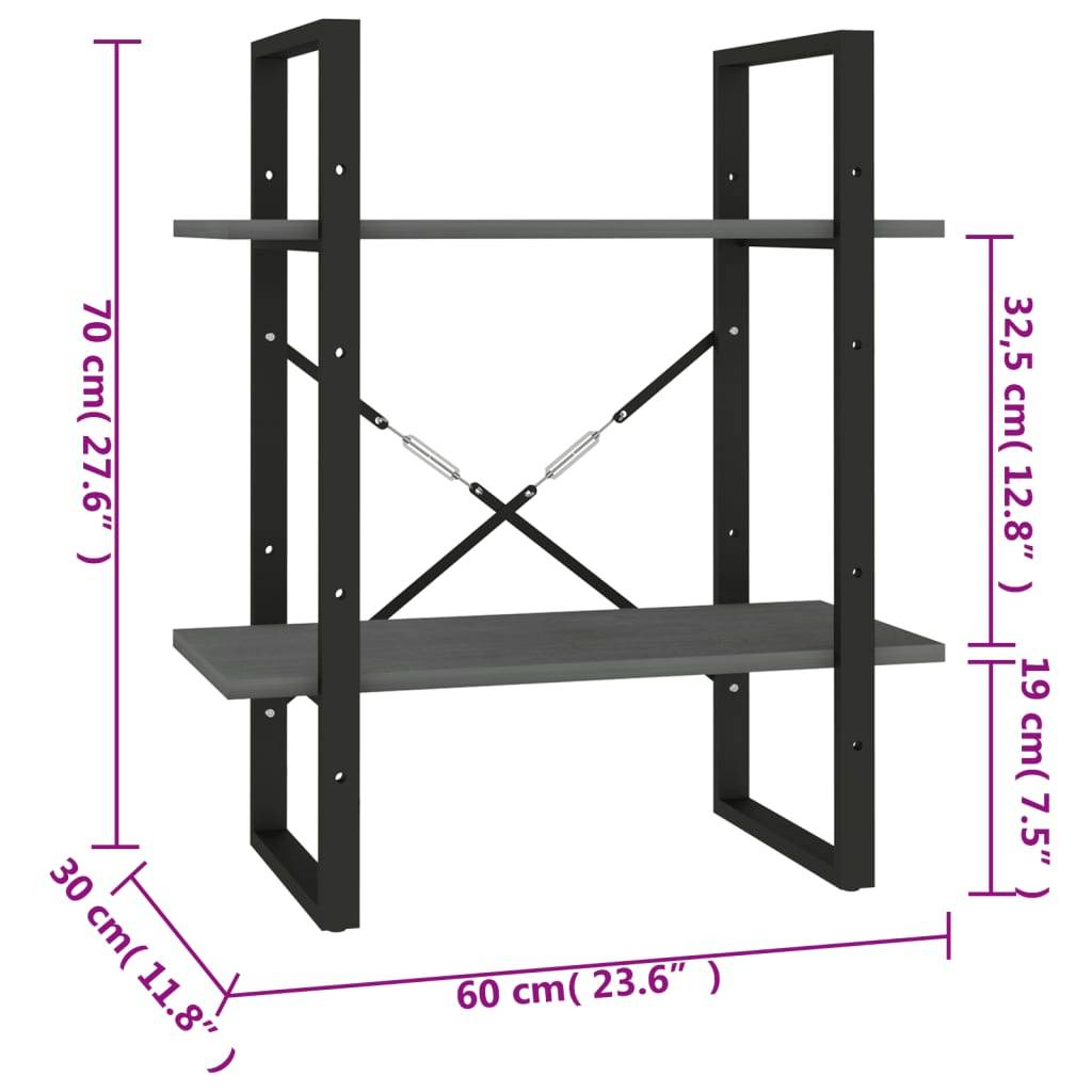 vidaXL Bücherregal 2 Böden Grau 60x30x70 cm Massivholz Kiefer
