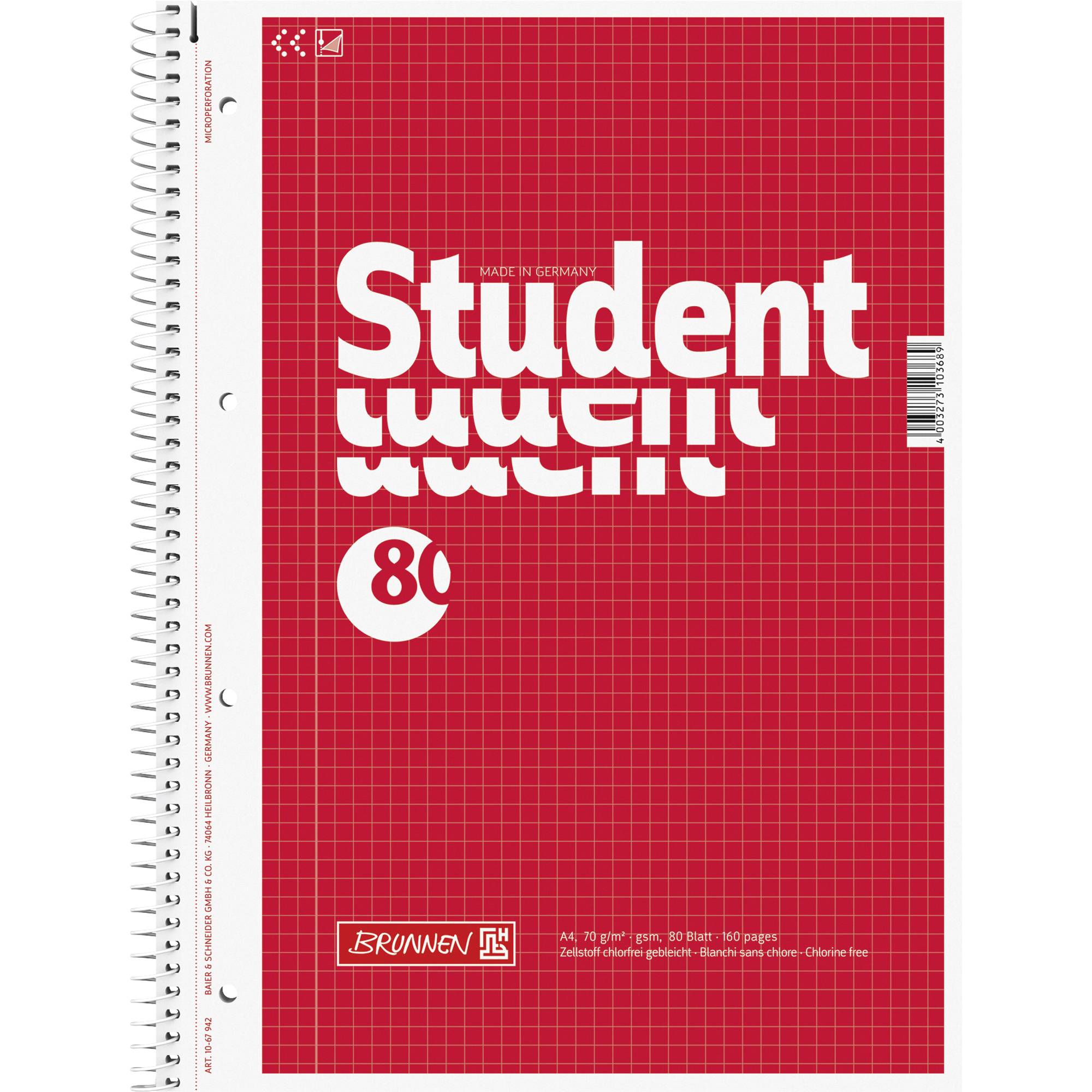 Kollegblock Student A4 70g/qm kariert 80 Blatt rot