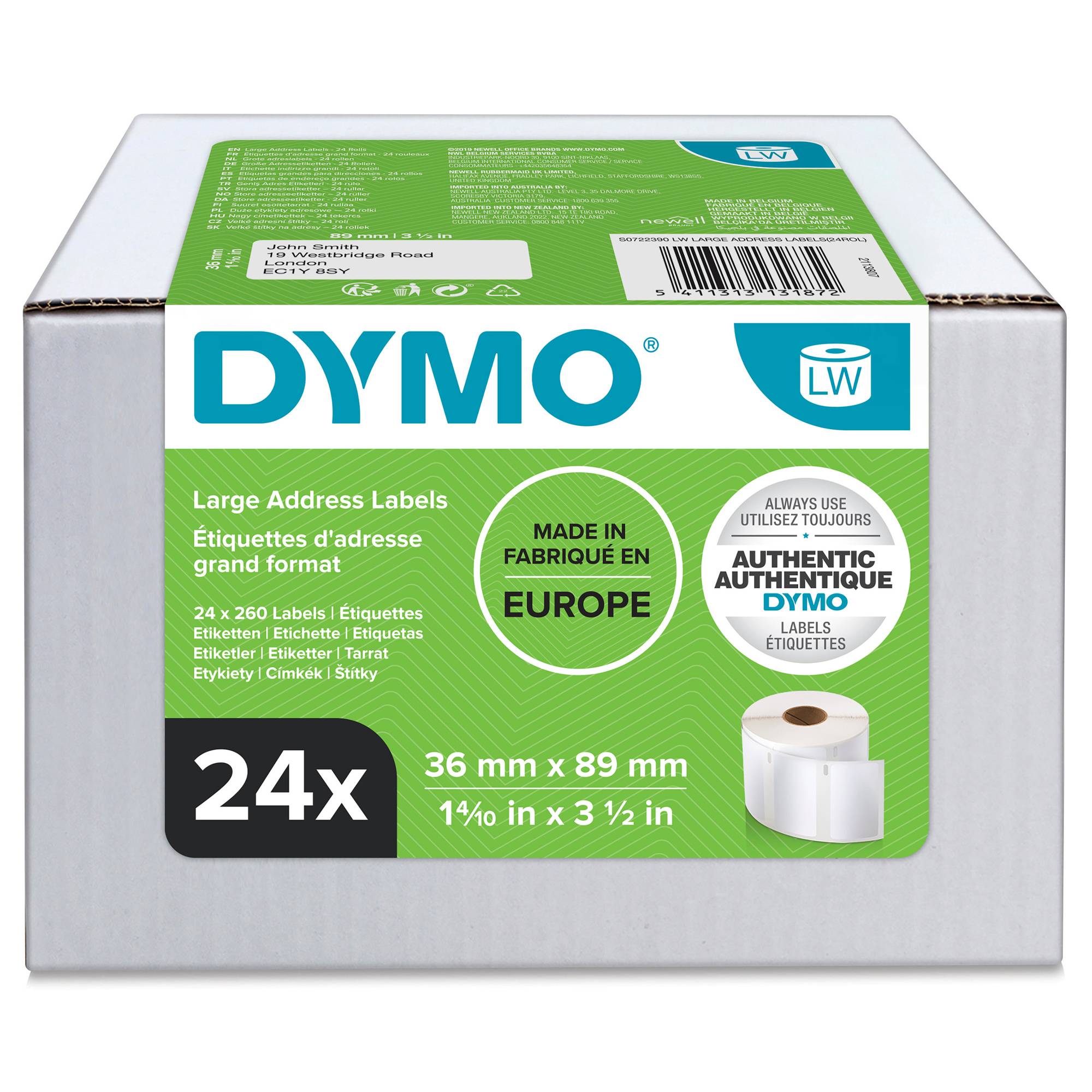 DYMO Etiketten Rolle Kombi-Pack 13187 S0722390 89 x 36 mm Papier Weiß 6240 St. Permanent haftend Adress-Etiketten