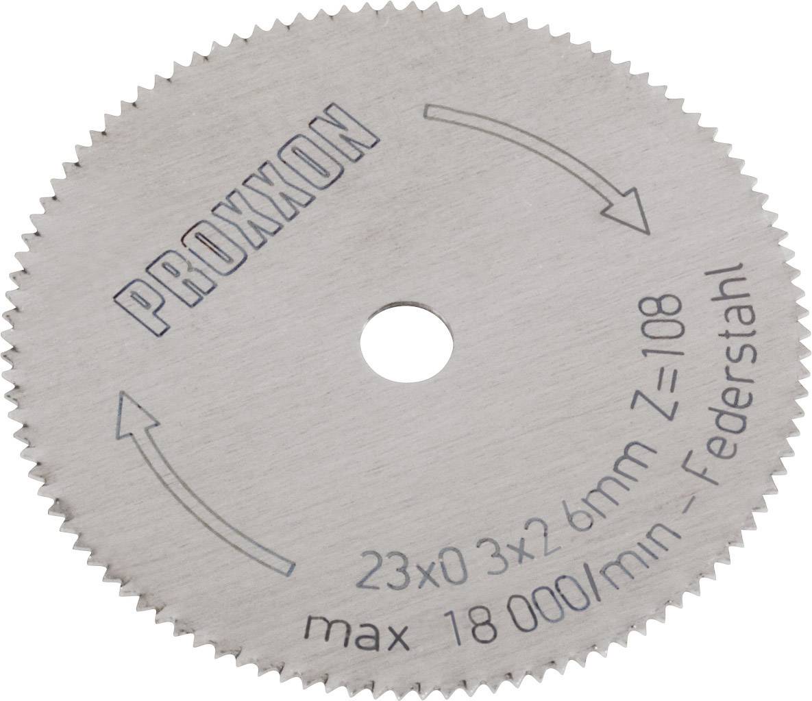 Ein runder Sägeblattaufsatz aus Federstahl, beschriftet mit 'PROXXON', zwei Pfeilen für Drehrichtung, 23x0,3x26 mm, max 18.000/min.