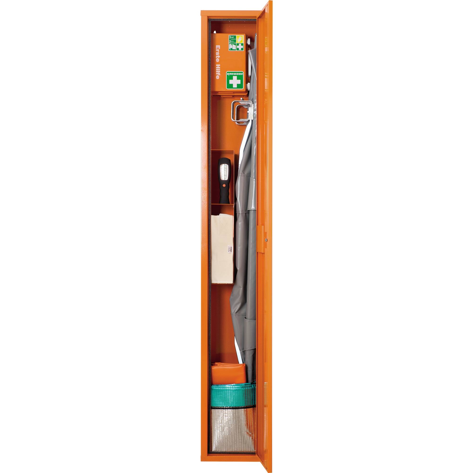 Stehschrank Erste-Hilfe-Trage gefüllt orange