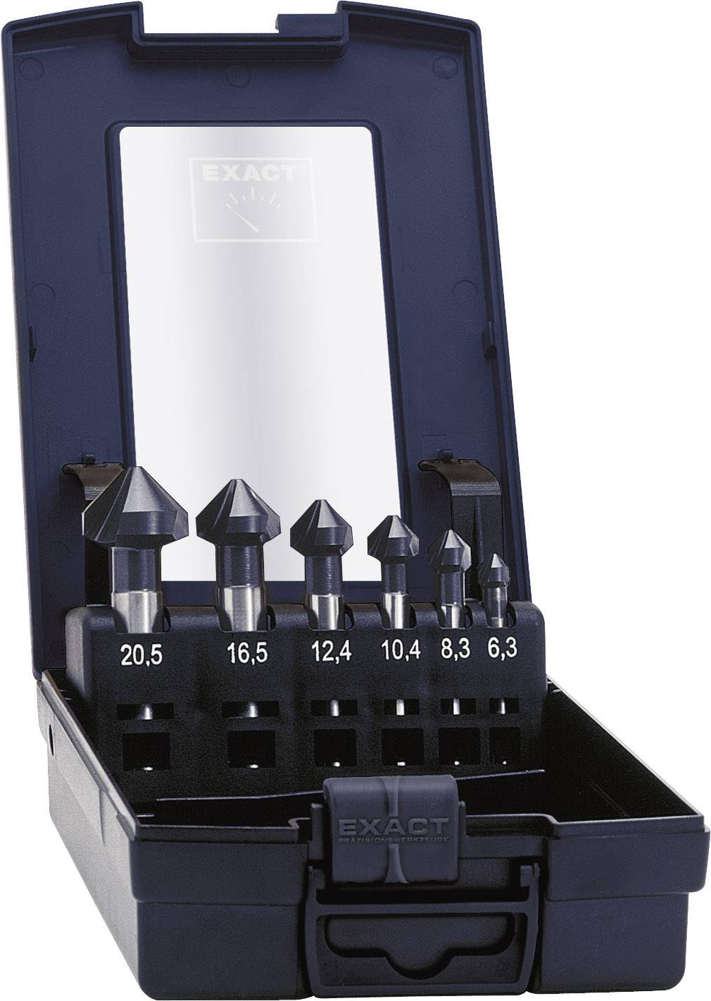 Ein Set Senkbohrer mit den Größen 20,5 mm, 16,5 mm, 12,4 mm, 10,4 mm, 8,3 mm und 6,3 mm in einem offenen schwarzen Koffer.