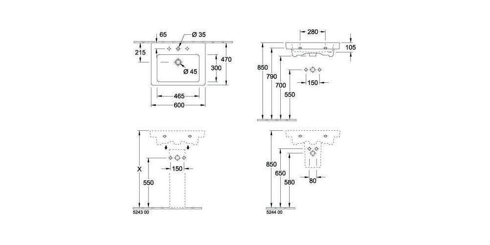 Villeroy & Boch Waschbecken Subway 2.0 711360 600x470mm Rechteck 1 Hahnloch mit Überlauf Weiß Alpin